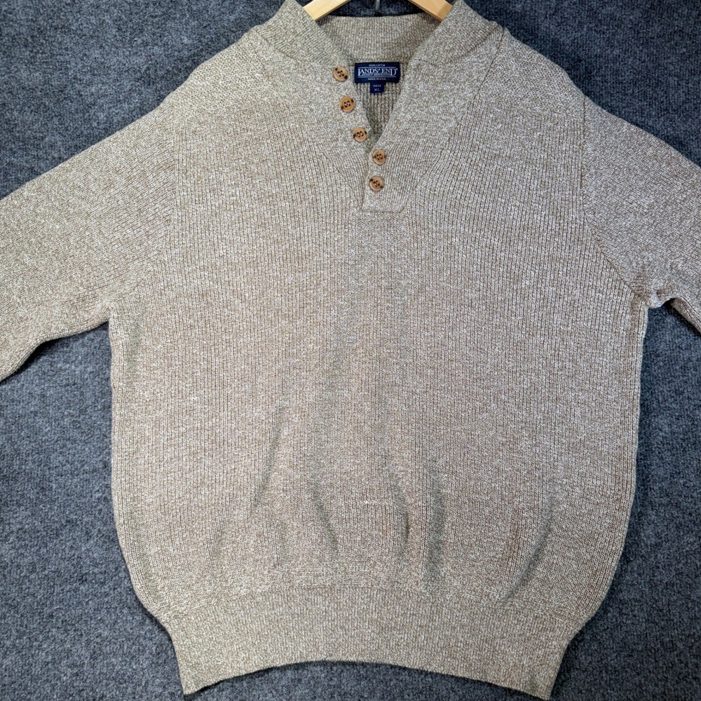Lands'‎ End Henley Sweater Mens XL Tan Marled Cotton Knit Vintage USA Made 90's